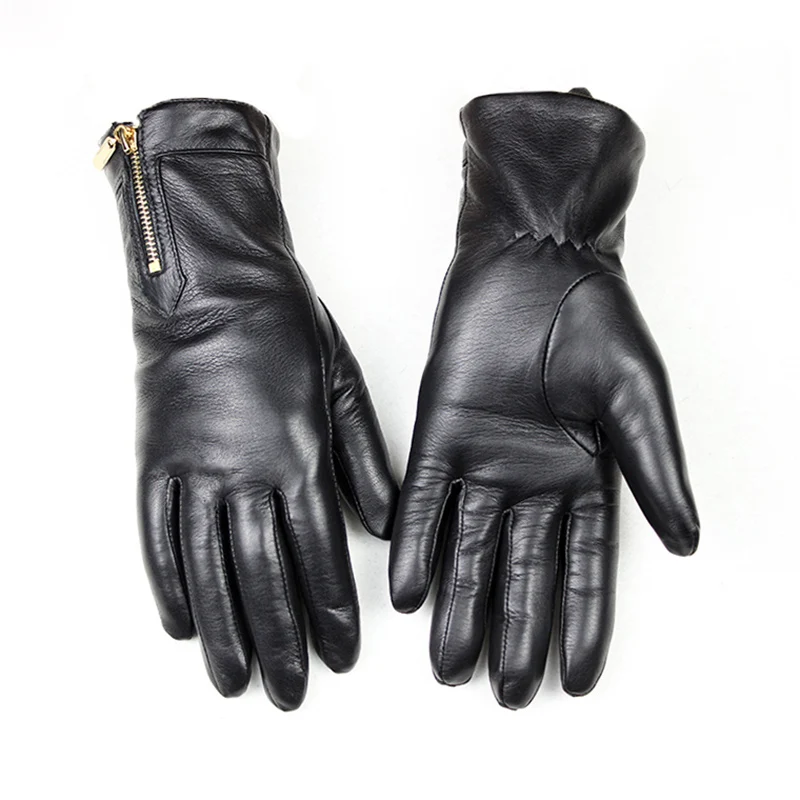 Sheepskin Gloves Women's Fashion Zipper Style New Thick Coral Fleece