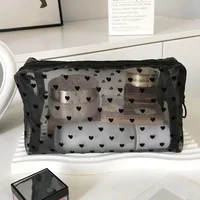 Women Cosmetic Pouch Toilet Storage Bag Ladies Toiletry Lipstick Key Coin Organizer Bags Purse Heart Transparent Mesh Makeup Bag 1