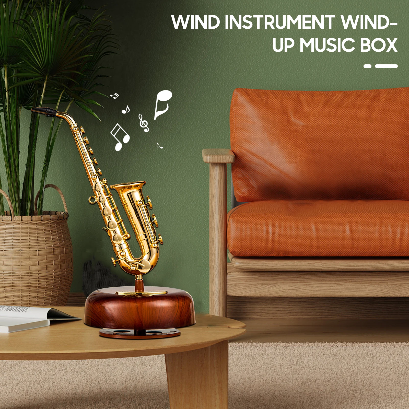 Saxophone Music Box Classical Wind Up Musicbox Twirling Music Box Rotating Base Woodwind Instrument Miniature Replica Artware Music Box
