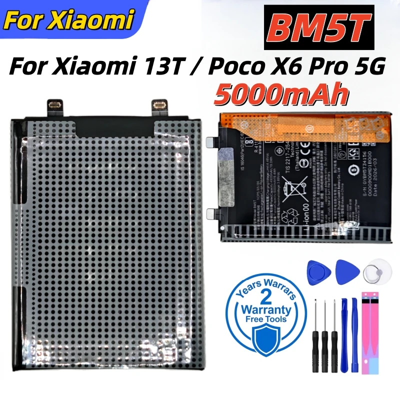 Batteria al litio BM5T 5000mAh Batteria ricaricabile di alta qualità per batterie Xiaomi 13T / Poco X6 Pro 5G + strumenti gratuiti - immagine 3