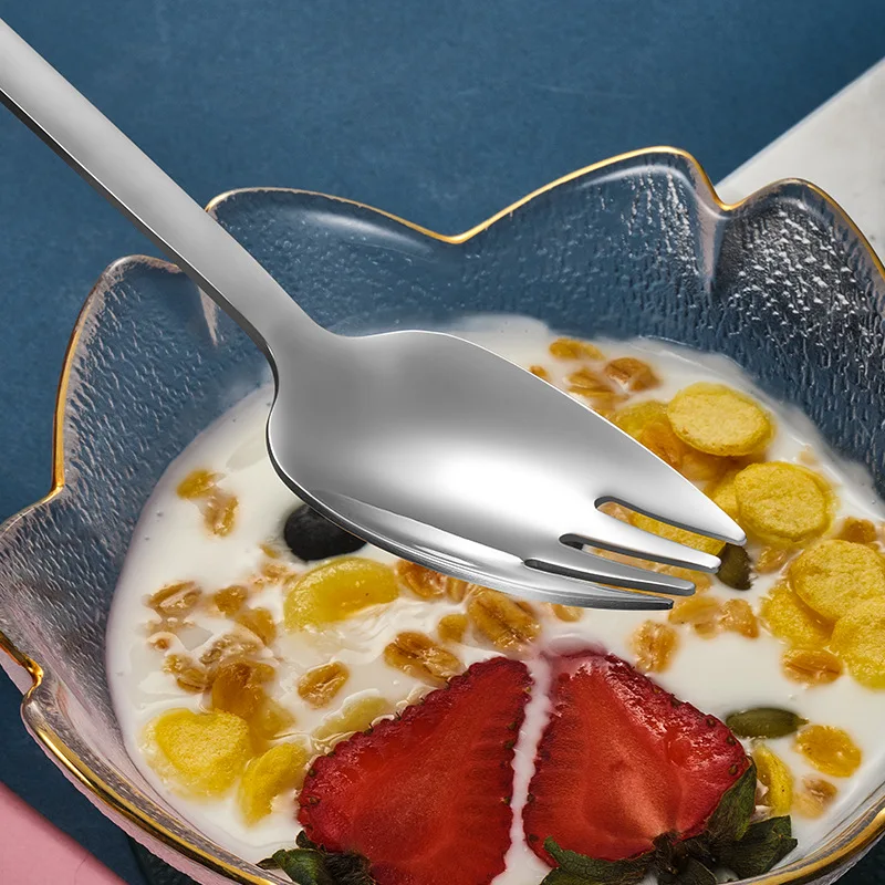 Stainless Steel Fruit Desser Fork Spoon Cutlery Integrated Pasta Steak Salad Tableware Long Handle Cake Food Scoup Kitchenware stainless steel forks