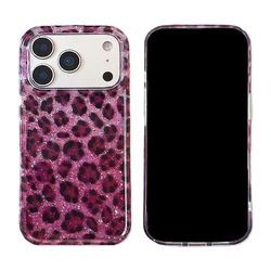 Bling Glitter Rose Black Leopard Print Shockproof Phone Case - Stylish Protective Hard Back Cover - iPhone 15 (01)