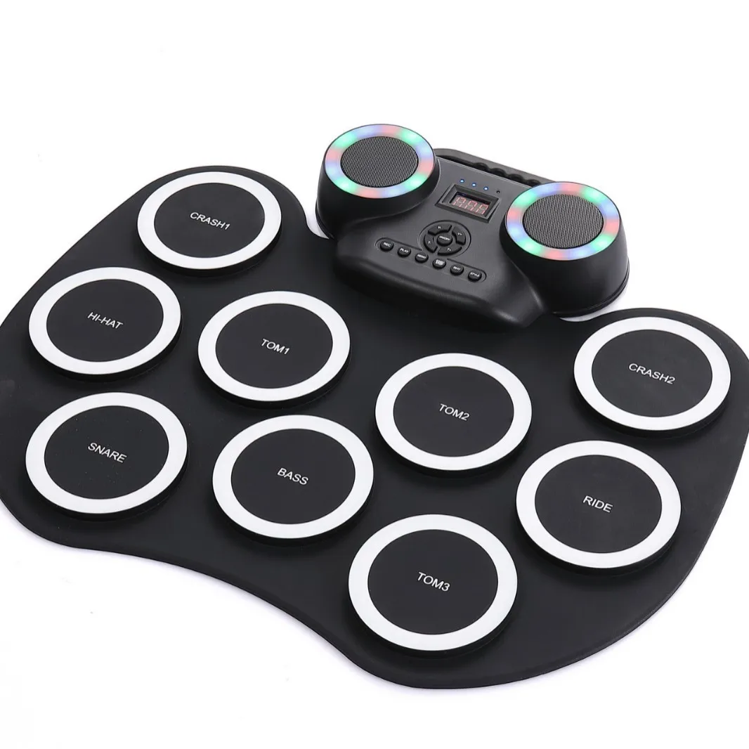 Roll-up Electronic Drum Pad Silicon Digital Drum with Built-in Battery Speakers Foot Pedals Headphone Monitoring Colorful Light