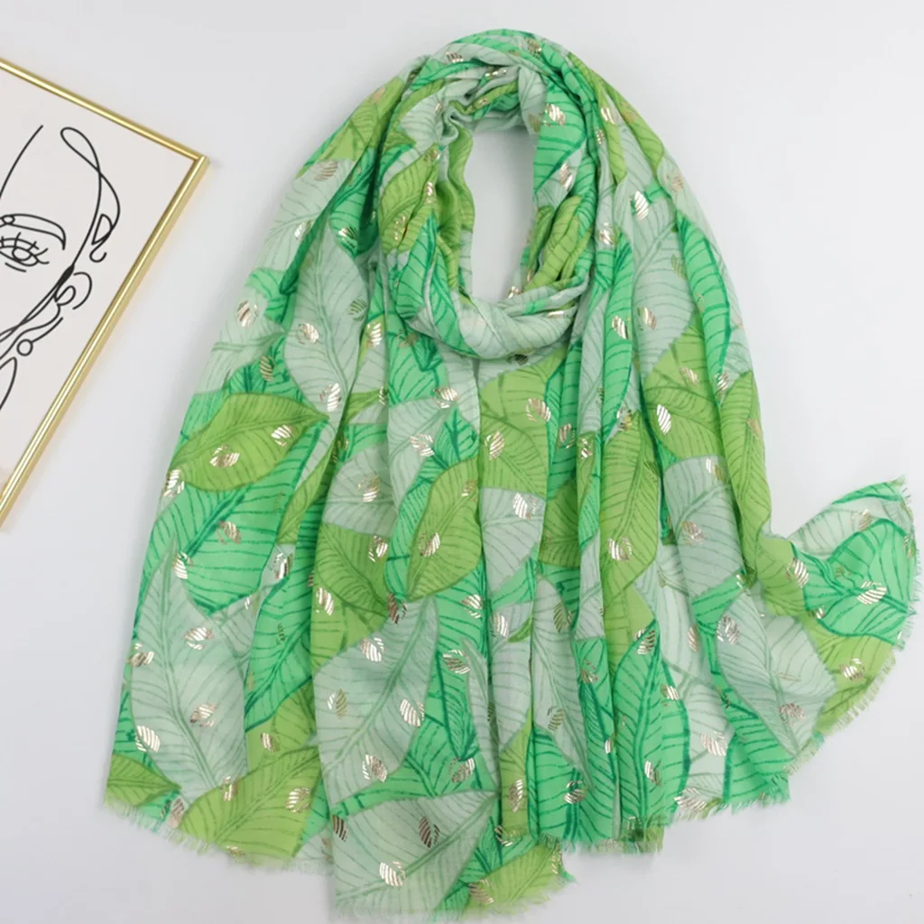 

2023 Spring Women Palm Leaf Pattern Shimmer Fringe Shawls Scarf Foulard Leaves Print Soft Wrap Hijab 6 Color Free Shipping