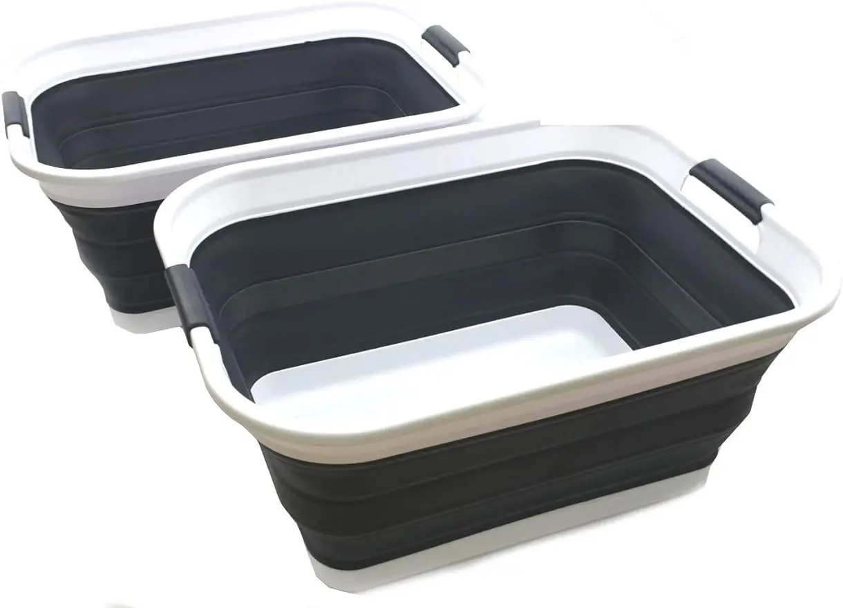 

A set of 2 foldable plastic laundry baskets - foldable pop-up storage containers - portable laundry basins - space saving
