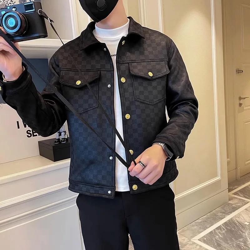 2023 Autumn Winter Suede Plaid Jacket for Men Lapel Slim Fit Casual Business Bomber Jacket Social Streetwear Windbreaker Coat