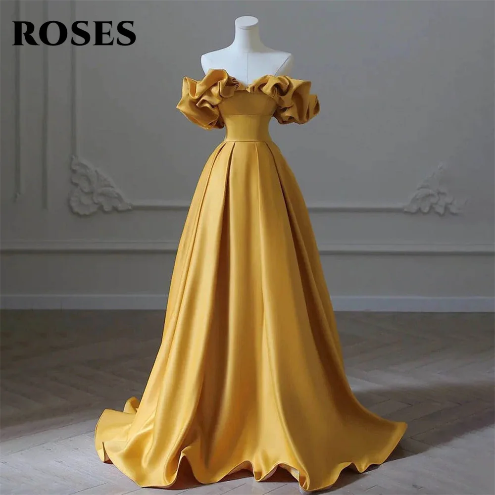 

ROSES Yellow Prom Dress Off the Shoulder Party Dress Stain A Line Ruched Women's Evening Dress Ruchsia V Neck Formal Gown 프롬 드레스