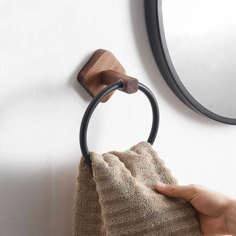 Aluminum+Wood Towel Ring, Hand Towel Holder for Bathroom, Towel Rack Hanger for Kitchen Wall Mount Heavy Duty Storage
