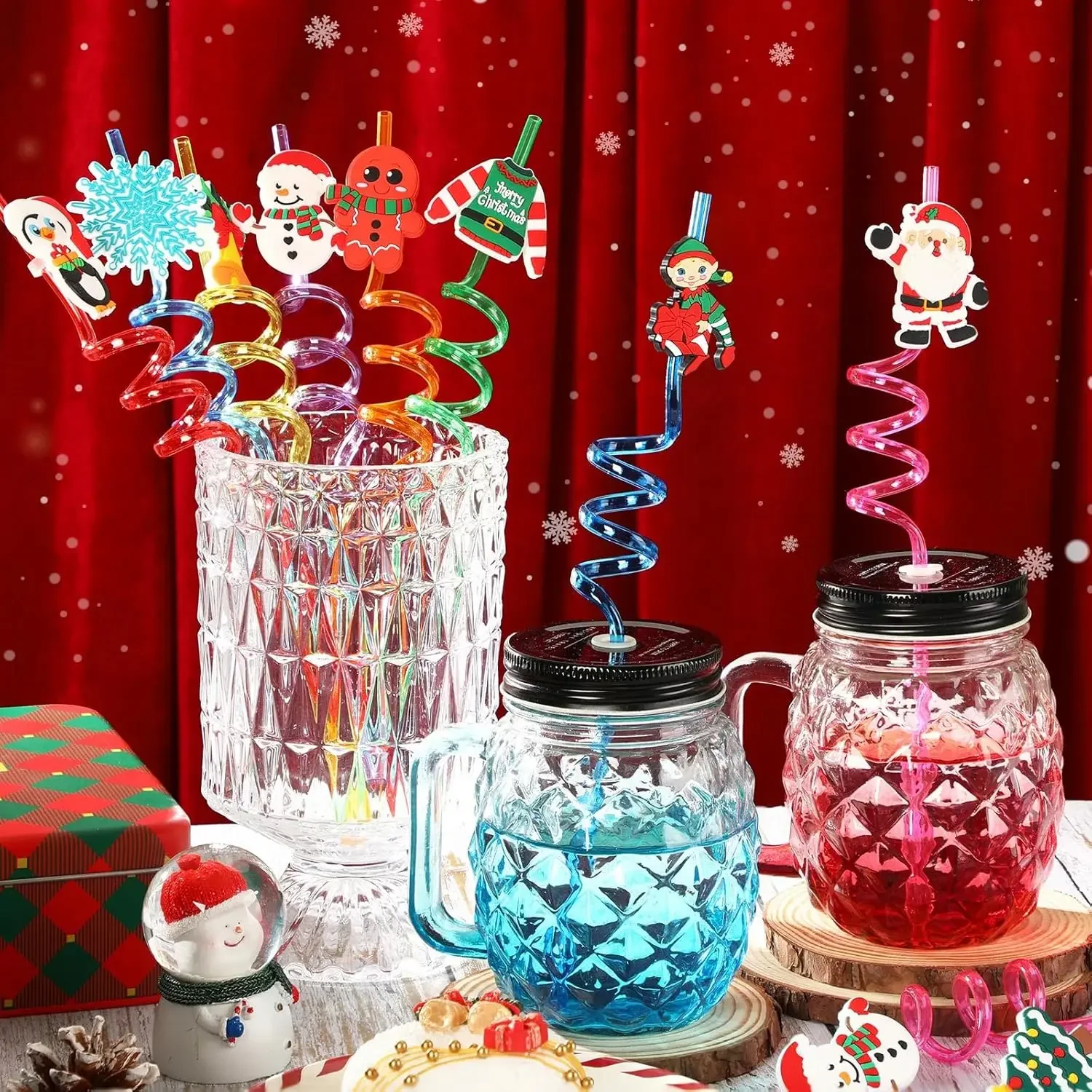 10-100PCS Cute Christmas Drinking Straws Santa Reindeer Snowflake Plastic Straws Kids Party Supplies Holiday Gift Party Favor 3