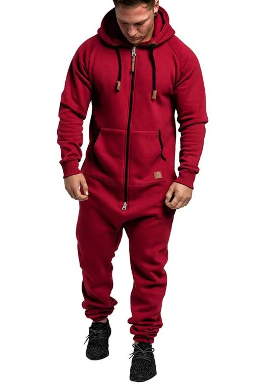 Men Jumpsuit Solid Long Sleeve Hooded Thick Playsuits Male Zipper Hoodies Romper Autumn One Piece Sets Casual Straight 6