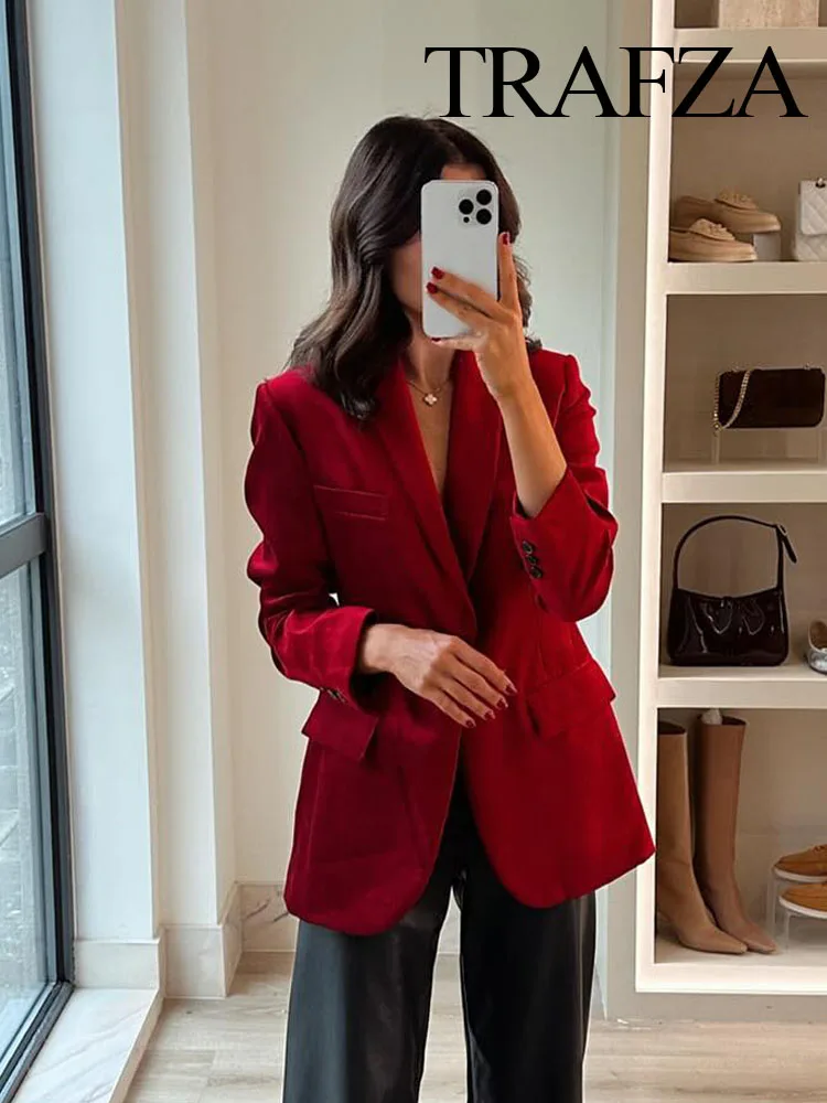 TRAFZA Women Spring Chic Jacket Coats Red Turn Down Collar