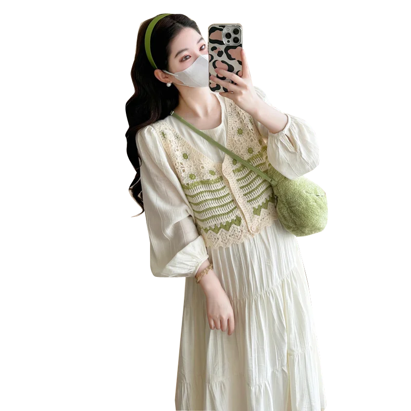 Korean Style Pregnant Woman Dress Suits Fashion Striped Vest Long Sleeve Ball Gown Dress Twinset Plus Size Maternity Clothes Set