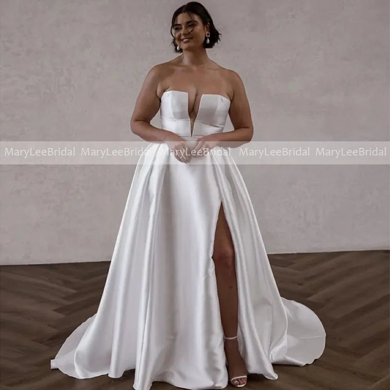 Strapless Plus Size Wedding Dresses Customized White V-neck Mikado