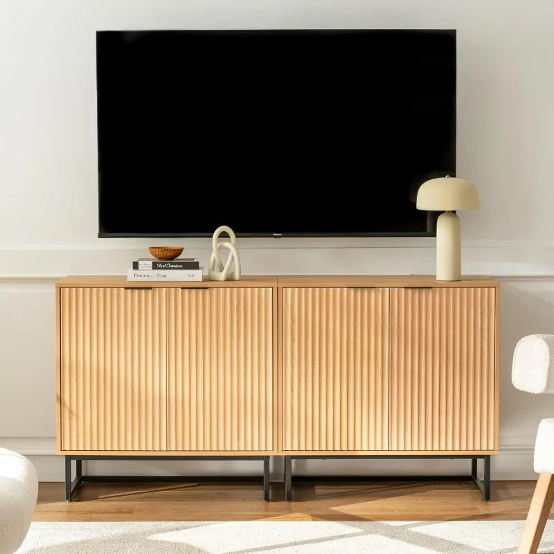 Fluted Storage Cabinet Set of 2, Sideboard Buffet Cabinet Modern Accent with Adjustable Shelves, Credenza, Console Table