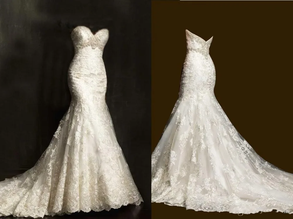 

Top Selling Lace Long Mermaid Wedding Dresses 2015 Sweetheart Neckline Beaded Sleeveless Court train Zipper Bridal Gowns Sexy