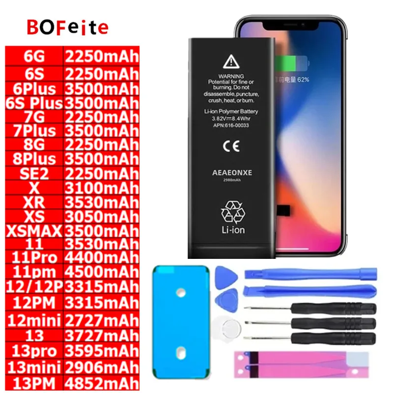 

Bofeite 100% Brand New Phone Battery For iPhone 6 6s 6p 6sp 7 7plus 8 8plus x xr xs Max 11 11Pro Battery For iPhone 0 Cycle