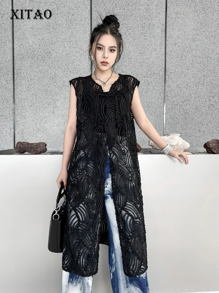 

XITAO Jacquard Lace V-neck Vest Street Style Slimming Fashion Summer Loose Casual Solid Color Personality Women Coat LYD1851