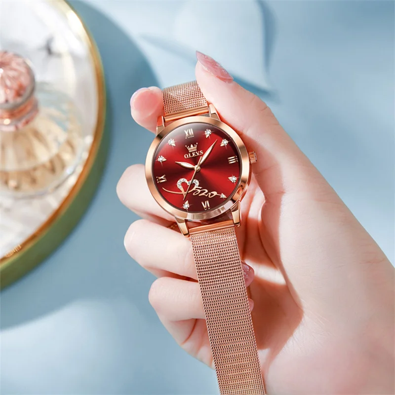 OLEVS Rose Gold Red Heart Dial Women Watches Luxury Watch For Women Fashion Casual Women's Bracelet Watches Waterproof Ladies