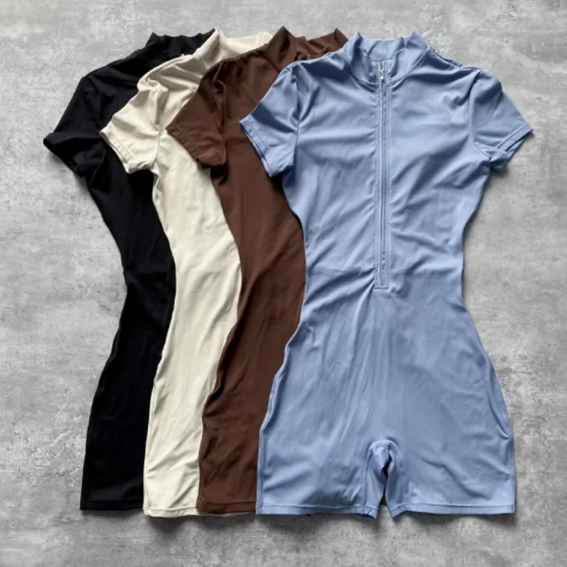 Women's Fitness Yoga One-Piece Suit Short Sleeve High-Waist Short Pants Sports Bodysuit Dance Exercise Tight Body Suit