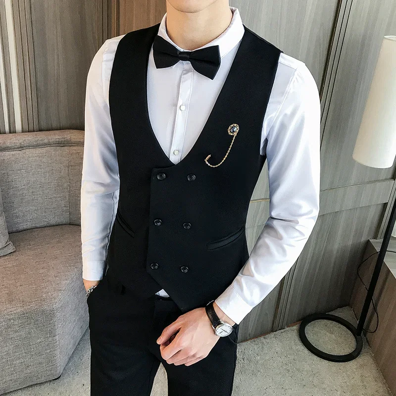Mens Suit Vest New Double Breasted Solid Color Business Casual Formal Wear High Quality Brand Fashion Mens Clothing Dress Vest