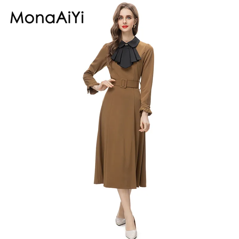 

MonaAiYi New Fashion Runway Designer Women's Lapel Collar Party Long Sleeved Brown Retro Detachable Waistband Midi Dresses