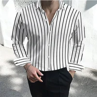 Men’s formal shirt button lapel shirt black and white red long sleeve striped collar wedding work clothing large size 5XL