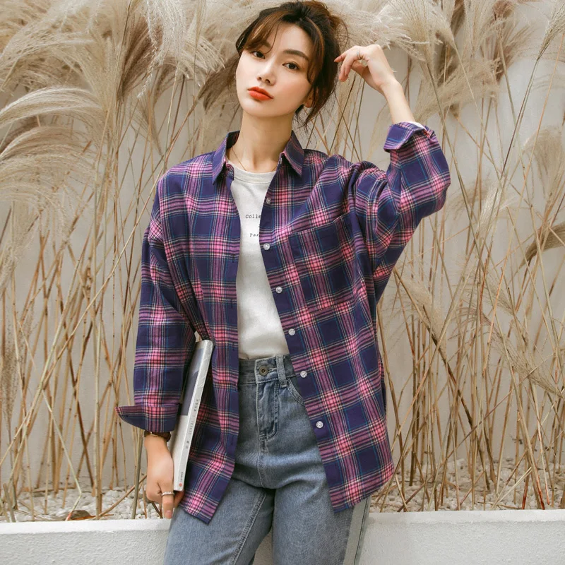 Vrouwelijke Katoen Mode Trend Vrouwen Lente En Herfst Casual Polo Lange Mouw Top Koreaanse 2023 Nieuwe Veelzijdige Losse Plaid Shirt