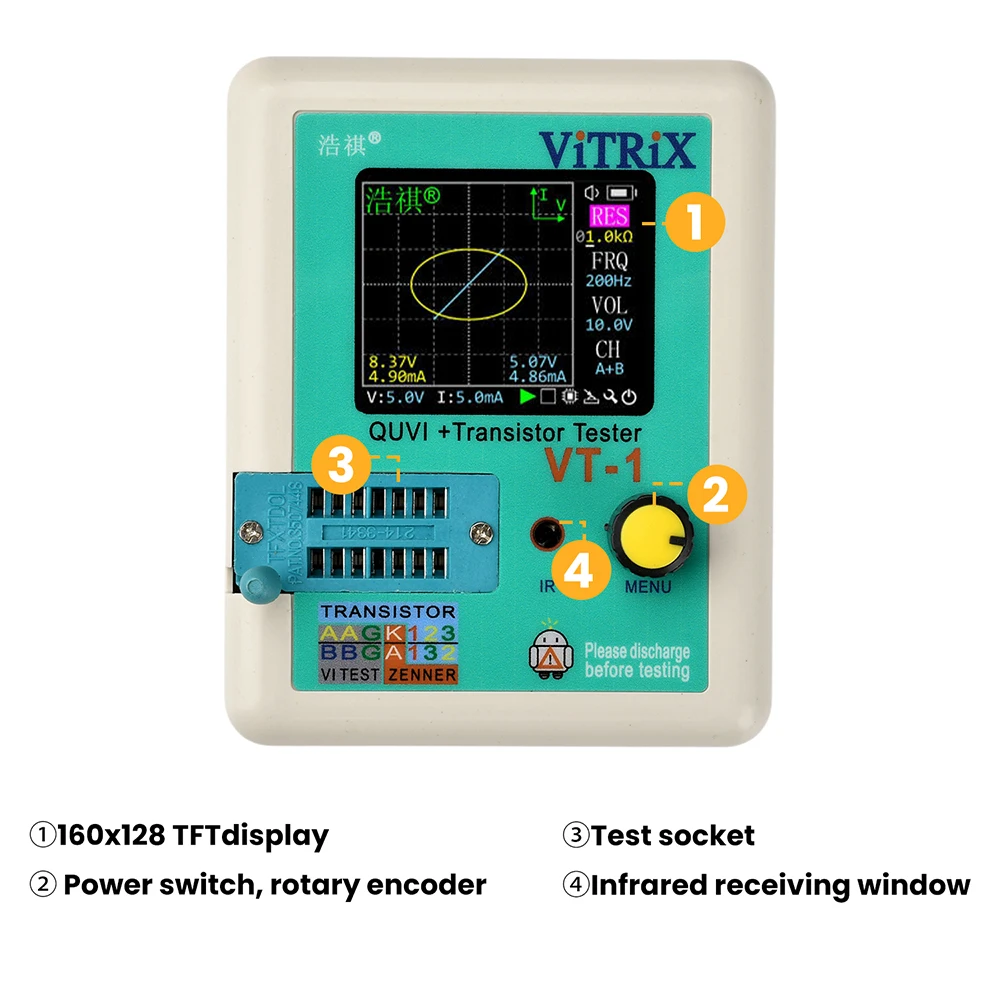 VT-1 160x128 TFT Multifunktions-VI-Kurventester Tragbarer Transistortester für Elektronische Bauteil-Fehlerdiagnose DC 0-12V – Detail 9
