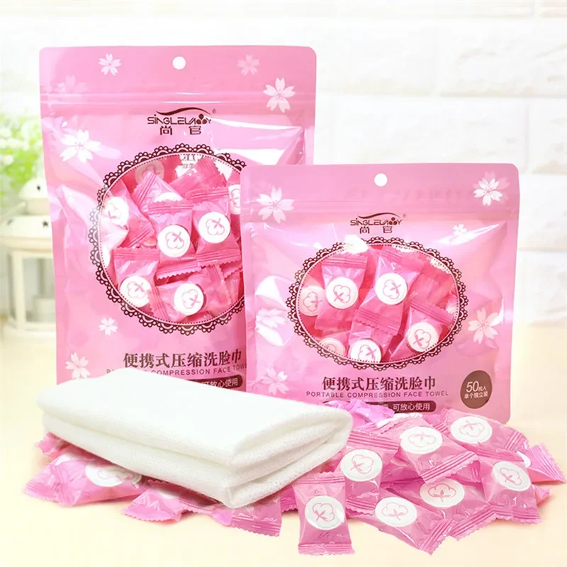 50pcs Mini Portable Travel Dry Compressed Coin Disposable Face Towel Baby Wipes Tablet Travel Tissue Cleansing Face Papper 2