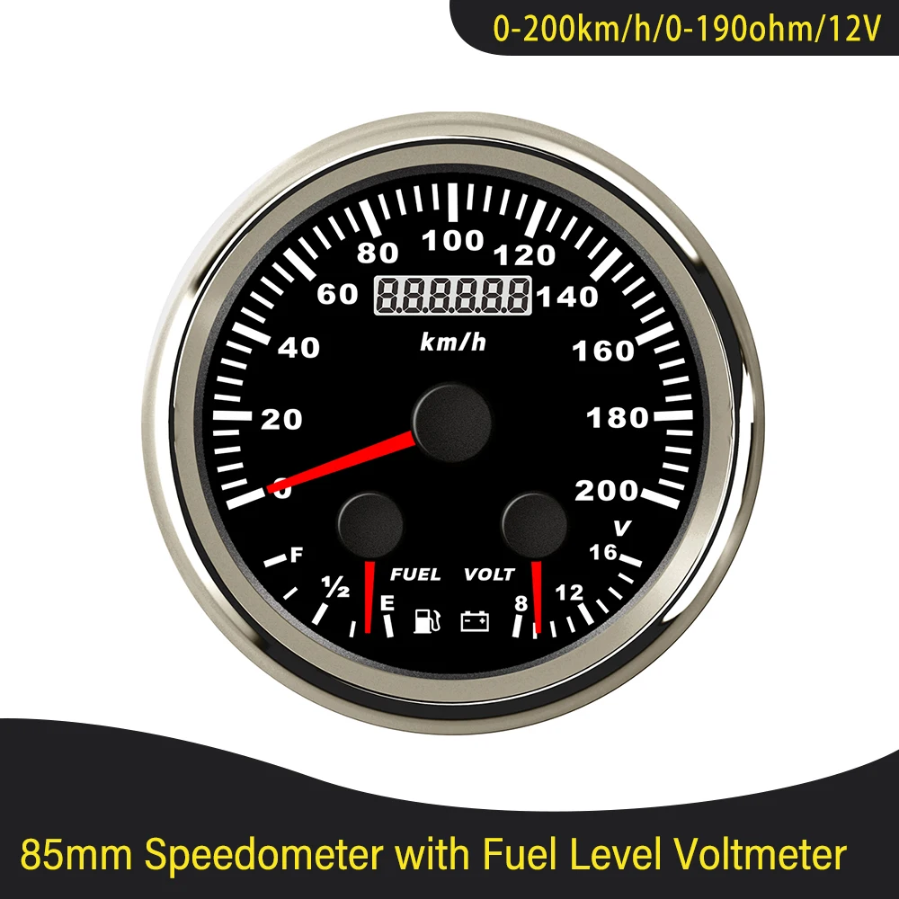 

Universal 85mm 0-60MPH 0-200km/h GPS Speedometer Odometer with Fuel Level Voltmeter Red Backlight for Car Boat Yacht 12V