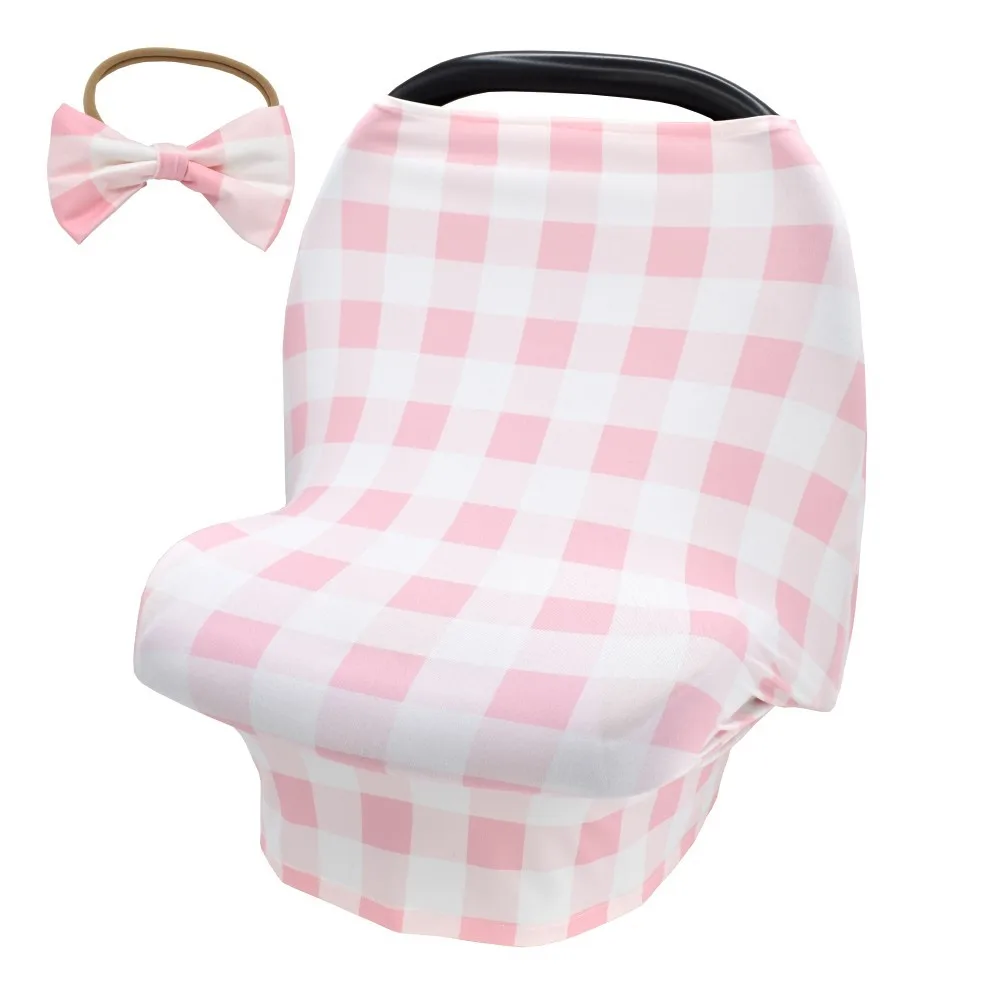 2Pcs Plaid Nursing Breastfeeding Cover with Matching Baby Bow Hairband Set Stretchy Car Seat Cover Baby Carseat Canopy