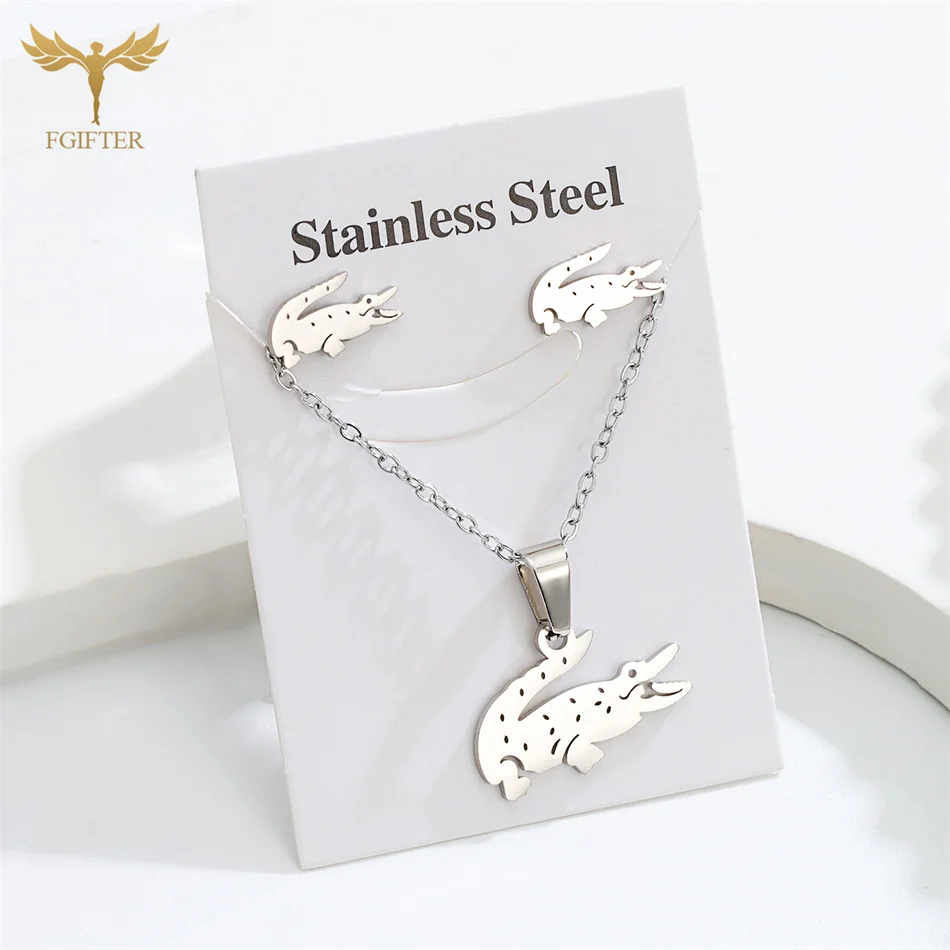 Fashion Crocodile Jewelry Set High Quality Stainless Steel Stud Earrings Pendant Chain Necklace Women Accessories Party Gifts