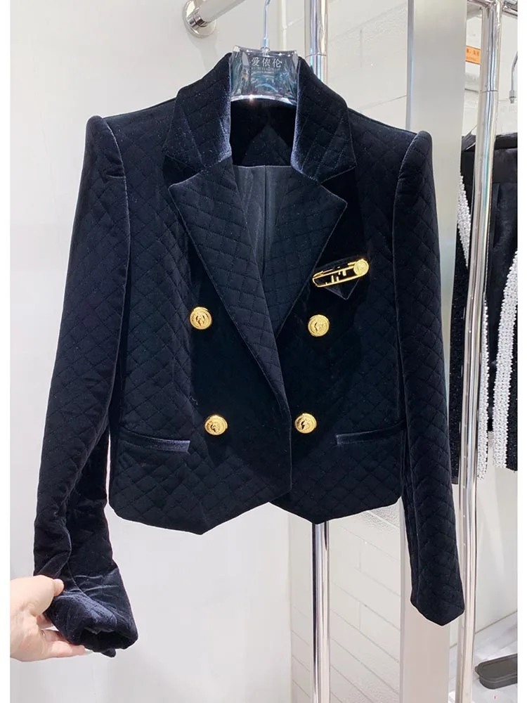 

HIGH QUALITY Newest 2023 Fall Winter Designer Jacket Women's Brooch Embellished Double Breasted Lion Buttons Grid Velvet Blazer