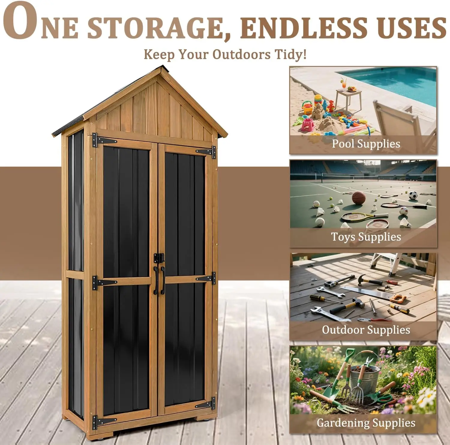 Storage Cabinet Waterproof, Outdoor Storage Shed with Shelves, Wood & Metal Patio Backyard Garden Storage Cabinet Tool Organizer