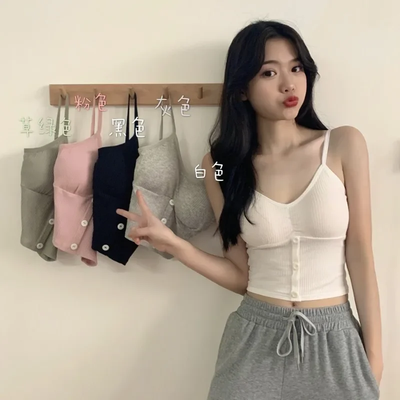 

The New Korean Version of Button Solid Color Suspenders Pure Cotton Vest Girls Wear Slim Sleeveless Top Outside The Tide