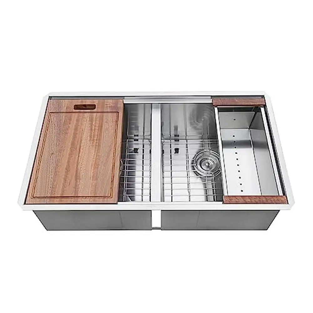 Stainless Steel Double Bowl Undermount Kitchen Sink with Workstation Ledge Cutting Board Colander 4