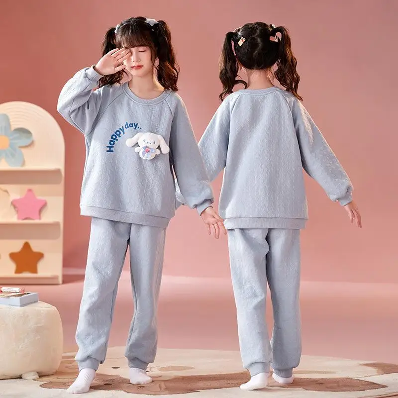 

New Kuromi Cinnamoroll Children's Pajamas Kawaii Sanrioed Autumn and Winter Girls' Long Sleeved Warm Pajamas Homewear Suit