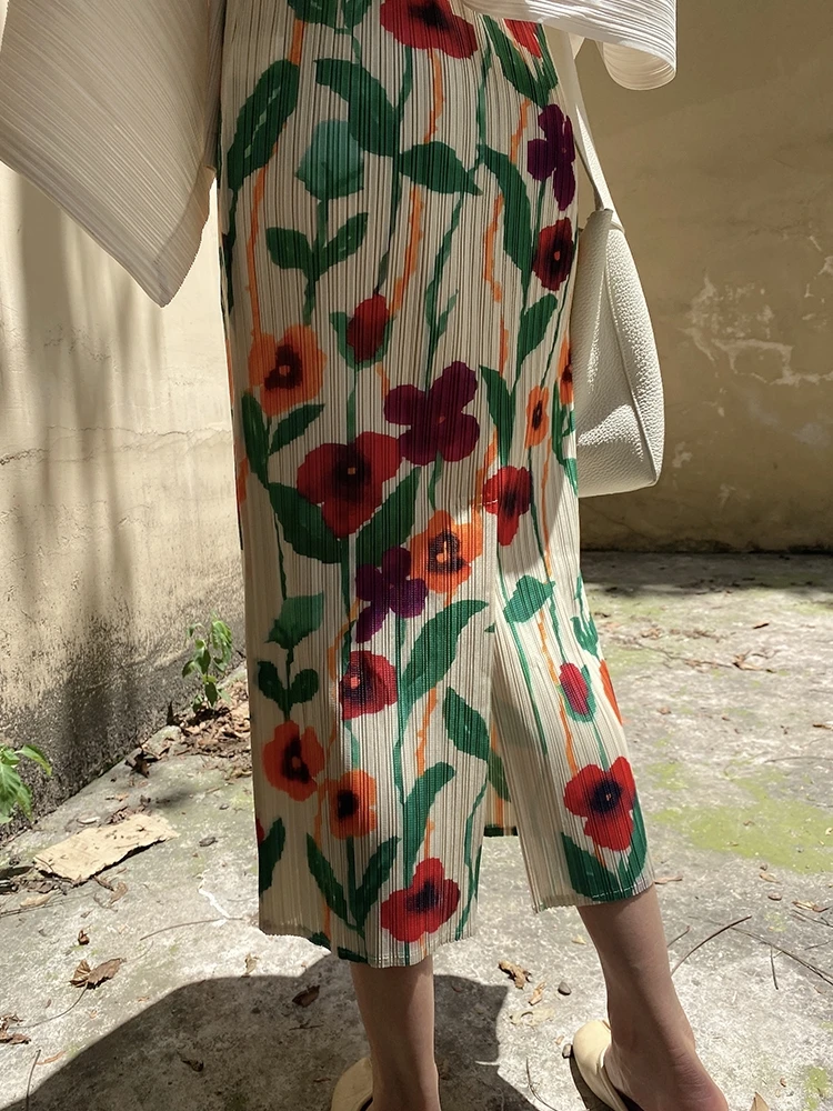 Miyake Pleated Flower Printed High Waist Slit Straight Skirt Women 2023 Spring Summer New Korean Fashion Causal Designer Clothes