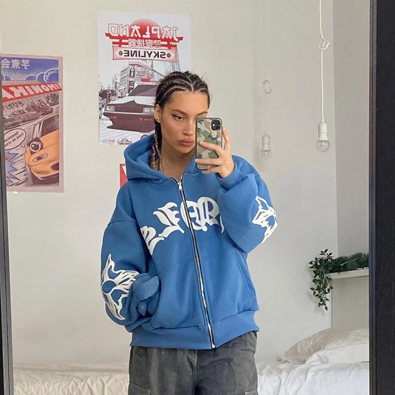 Zip Hoodie Snowflake Letter Print Goth Punk Sweatshirt Women Hoodies Sport Coat Pullover Long Sleeve Oversized Hoodie Y2k Jacket