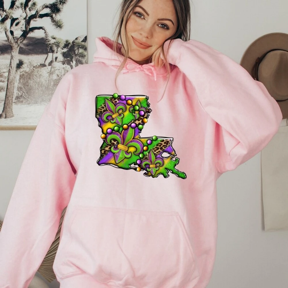 Mardi Gras Hoodie Louisiana Map Sweatshirt Groovy Fat Tuesday Shirt Coquette Festival Carnival Parade Lousiana New Orleans Top велобандана buff hoodie buff dots mardi grape б р one size 101008 00 311011