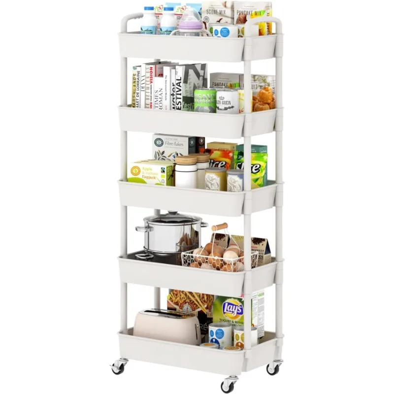 

5-Tier Plastic Rolling Utility Cart with Handle, Multi-Functional Storage Trolley for Office,Living Room,Kitchen,Movable Storage