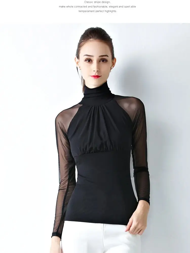 

Spring Summer Charming Pullover Elegant Knitted Turtleneck Lace Woman Splicing Casual Sheer T-shirt Long Sleeve Female M-3XL