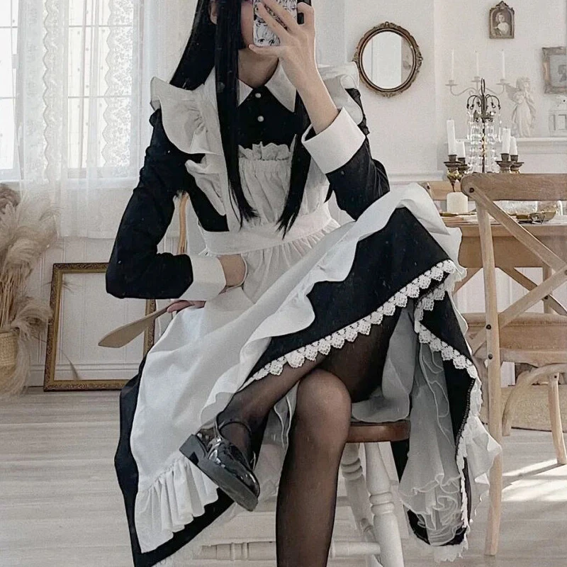 Plus Size Long Maid Costume Dress Unisex Clothing Men Women Anime Lolita Cosplay Suit Black and White Cute Japanese Style Outfit
