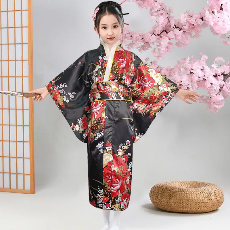 

Asian Children Japanese Kimono Bathrobe Gown Kids Japan Style Peacock Yukata Dress Obi Vintage Haori Halloween Cosplay Costume