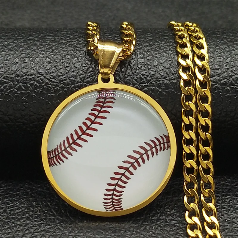 Mode Sport Baseball Runde Glas Anhänger Halskette für Frau Mann Edelstahl Schlüsselbein Kette Schmuck Collier NBL54-1S01 – Detail 4