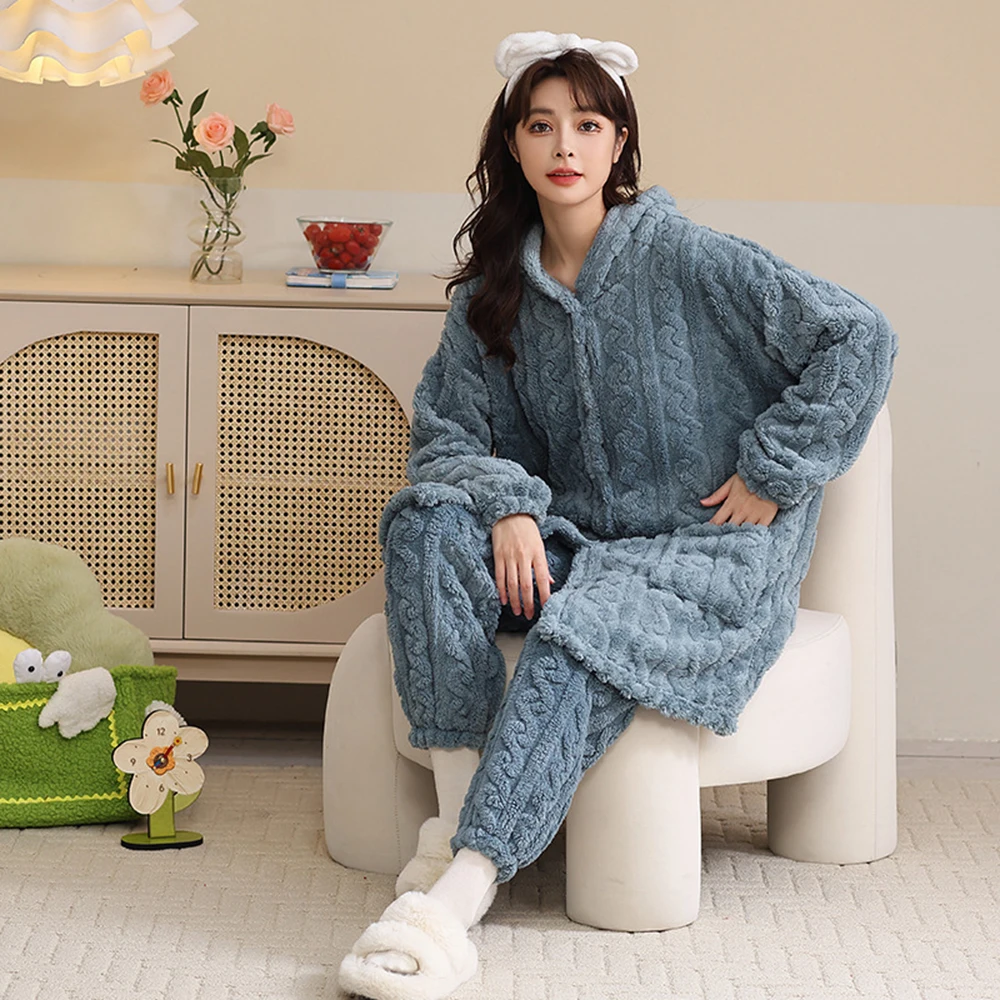 Winter Jacquard Flannel Pajamas Sets Women Pyjamas Solid Hooded Nightgown With Pants Suit Pijama Mujer Nightdress Suits Homewear