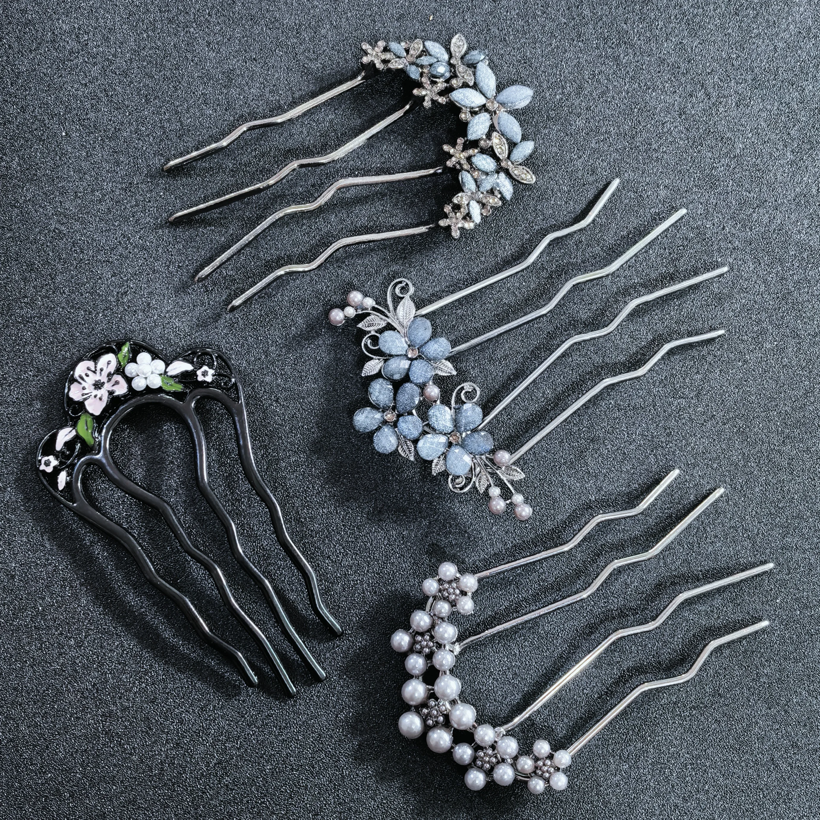 Metallische Perlen-U-förmige Haarkamm-Clips für Damen, Elegante Blumen-Haarspangen, Stilvolle Alltags-Haarnadeln, Hochzeits-Haarknoten-Accessoires – Detail 3
