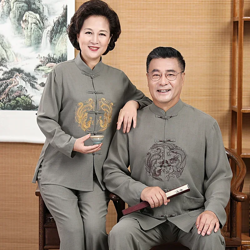 

Spring Elderly Tang Suit Mens Kungfu Clothing Sets Middle-aged Long Sleeved Cotton Linen Women Morning Exercise Tai Chi Uniform