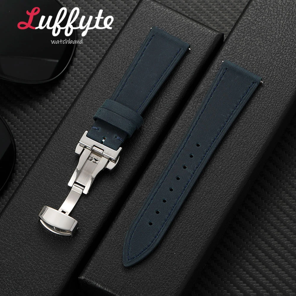 Men's Vintage Crazy Horse Leather Watch Band with Butterfly Buckle