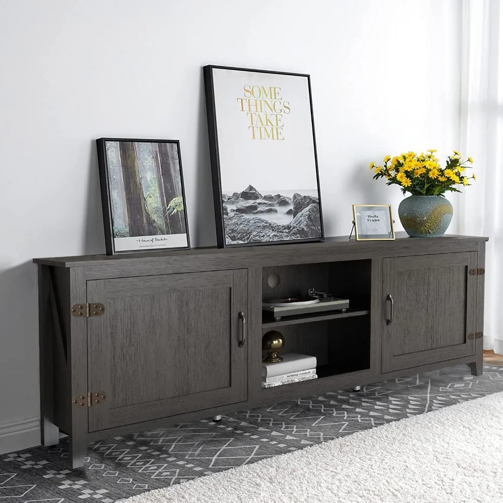 TV Stand for TVs up to 80 inch, Black, Farmhouse Style, with Barn Door, Storage and Cable Management, Durable MDF Board Construc 5